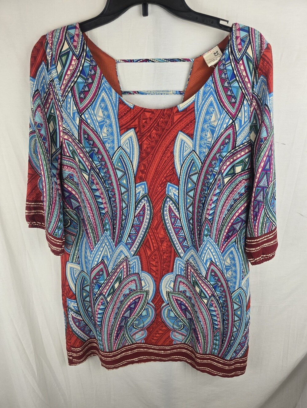Pink Owl Vibrant Geometric Shapes Red & Blue Patterned Women’s Dress Sz L